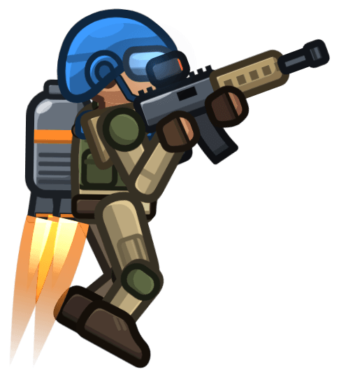 A Skyscrap soldier in a blue combat helmet, flying on rocket boots with a rifle
